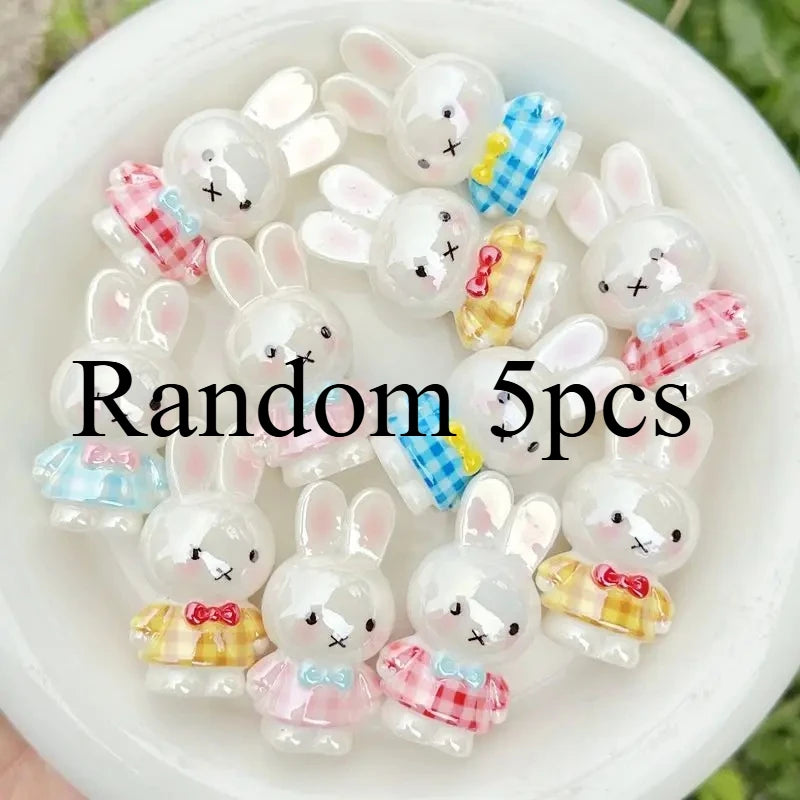 Five cute white bunny resin bead phone charms with colorful fabric accents