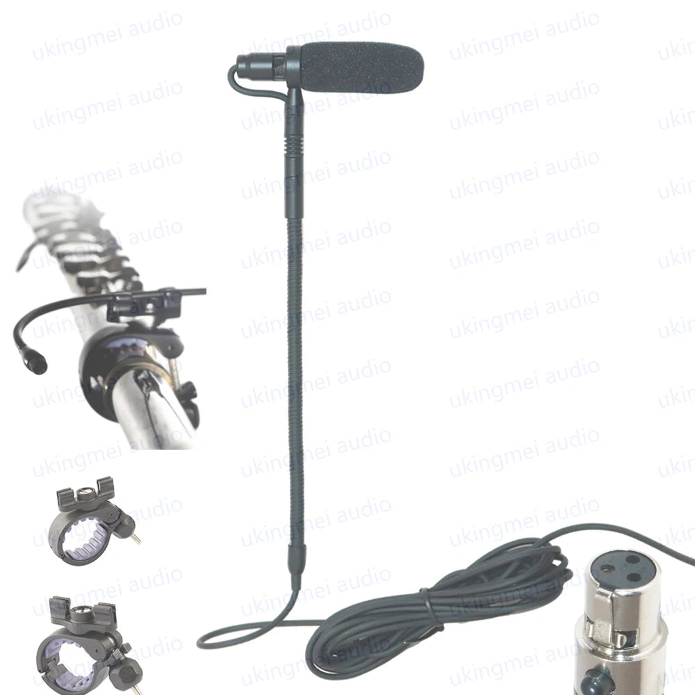 A black clip-on condenser microphone with a gooseneck stand and cable for acoustic instruments.
