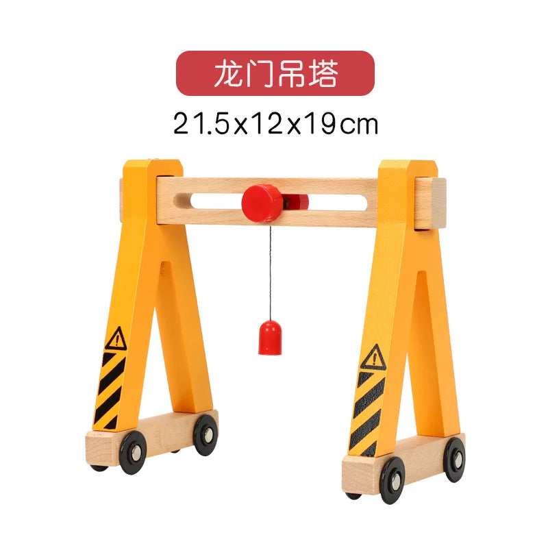 Wooden train track accessories set featuring airport and gas station scenes with yellow and red components