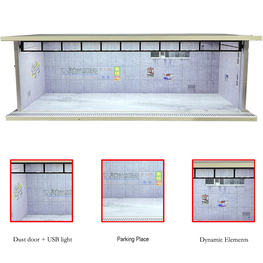 1:64 Scale Car Garage Diorama with USB LED Lighting