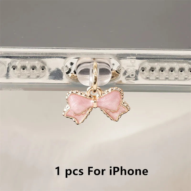 Pink & White Bowknot Phone Dust Plug