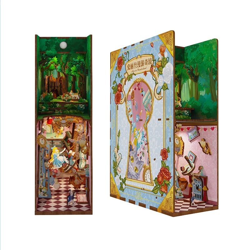 A DIY book nook kit featuring a detailed miniature scene with LED lighting and a dust cover.
