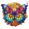 Vibrant, colorful wooden puzzle featuring a butterfly with intricate wings and floral background.