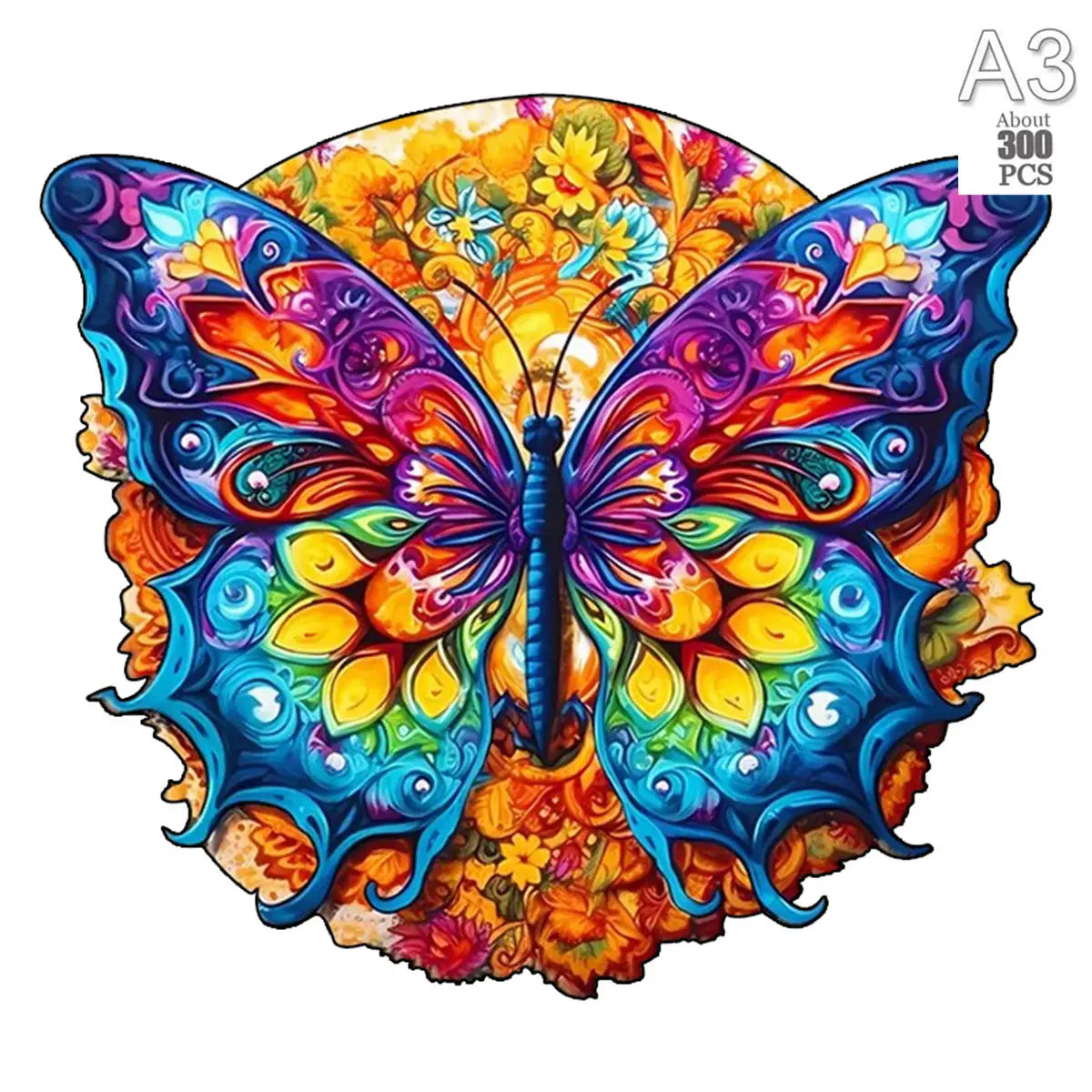 Vibrant, colorful wooden puzzle featuring a butterfly with intricate wings and floral background.
