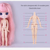 A pink long-haired fashion doll with a pouty face, showing its 19 movable joints and articulation points.
