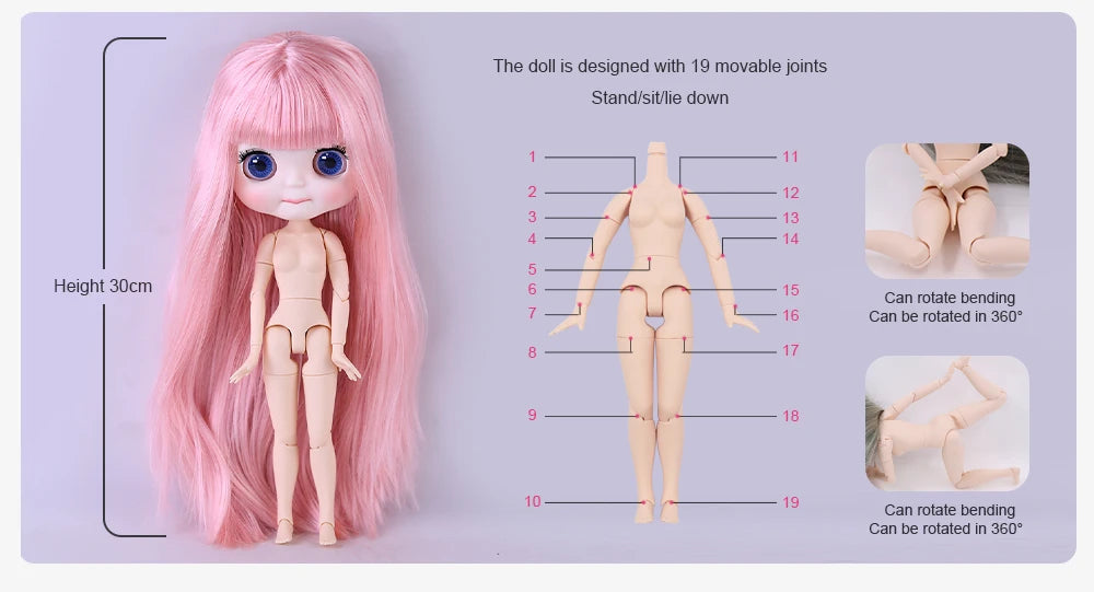 A pink long-haired fashion doll with a pouty face, showing its 19 movable joints and articulation points.