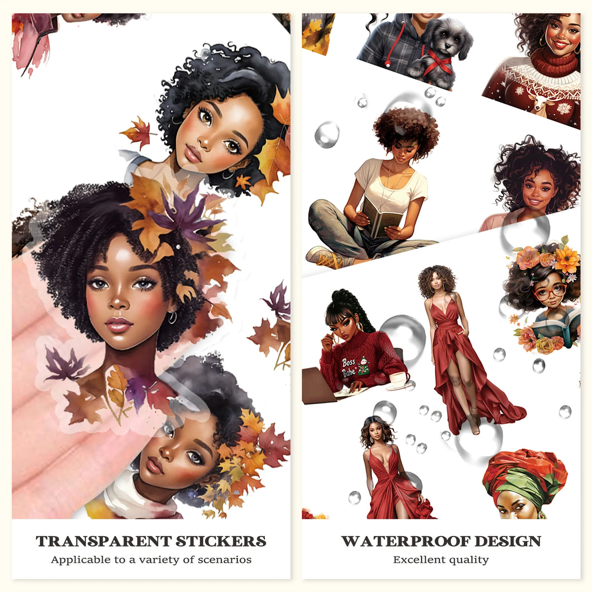 Transparent and waterproof stickers featuring diverse skin tones and floral designs for scrapbooking