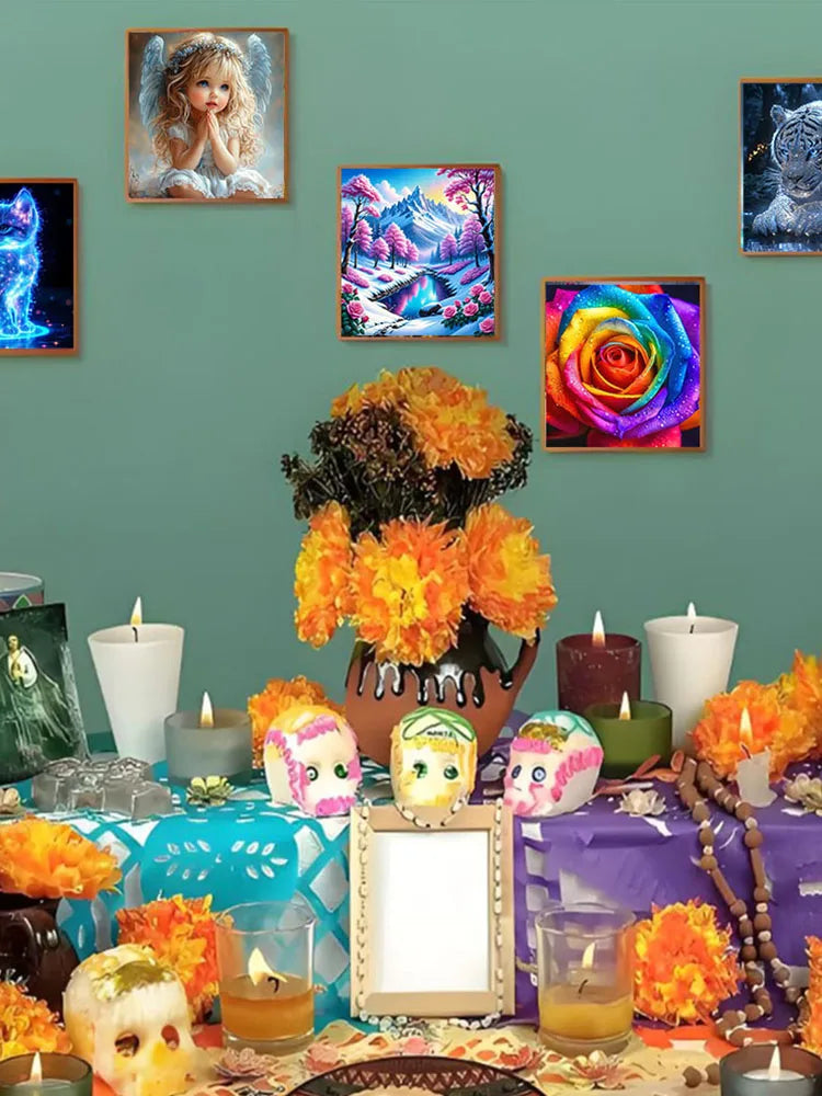 A DIY diamond painting kit featuring an animal theme, displayed with various colorful floral and natural elements.