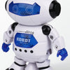A white and blue spinning dancing robot with lights and music.