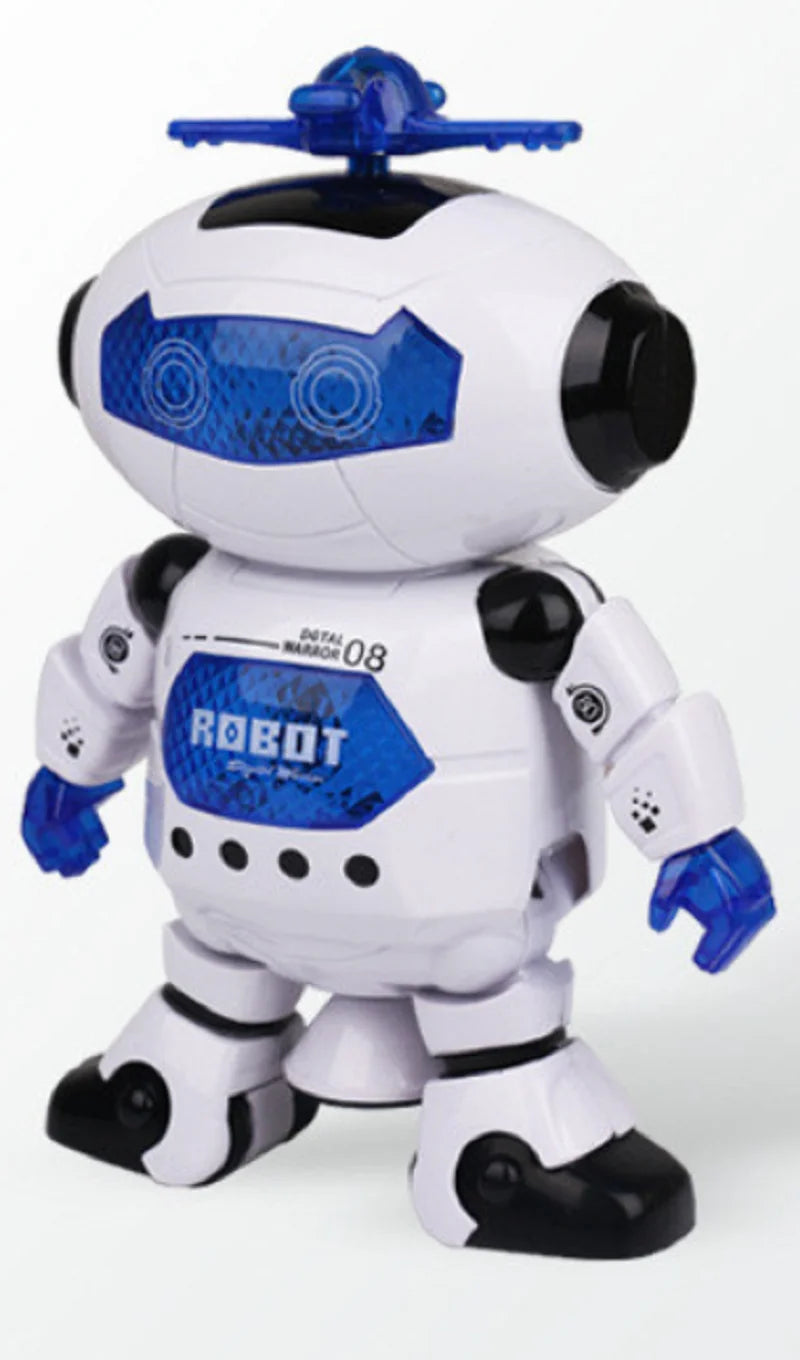 A white and blue spinning dancing robot with lights and music.