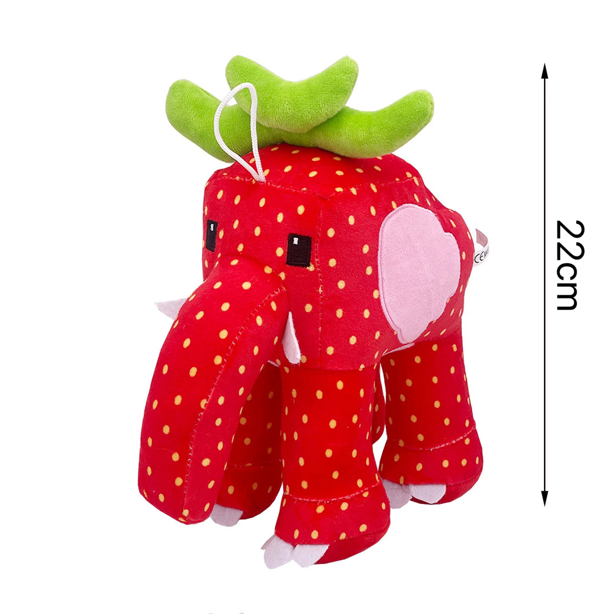 A red elephant plush toy with green ears and pink accents.