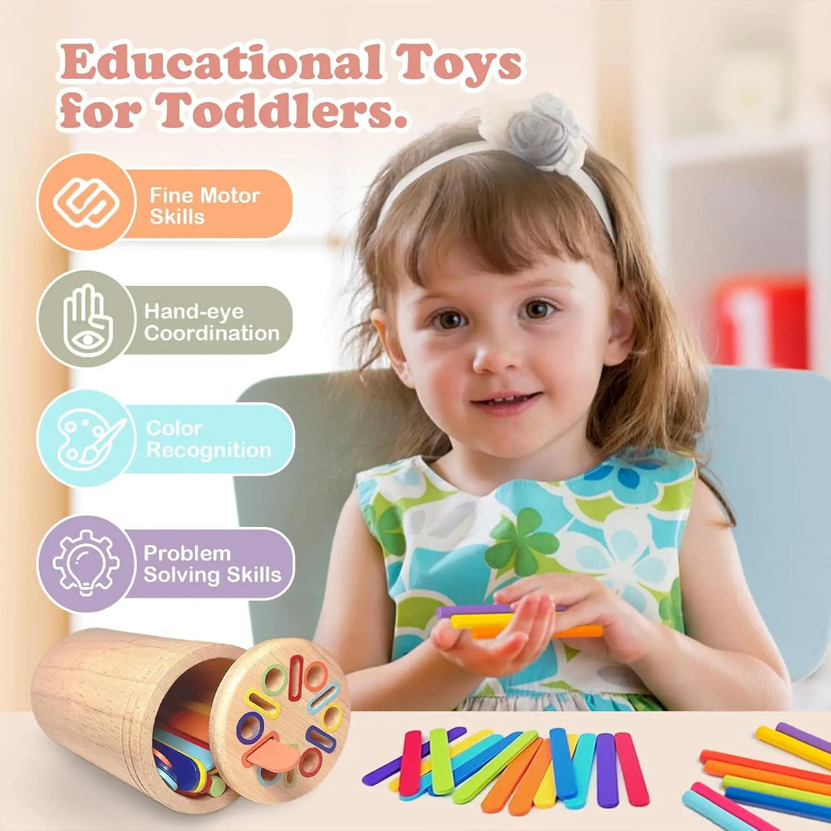 A toddler is playing with wooden coin and color sorting toys, demonstrating fine motor skills and problem-solving.