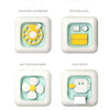 A set of six Montessori busy cubes including a password lock drawer, rotating clock, dial telephone wheel, push switch, rotat