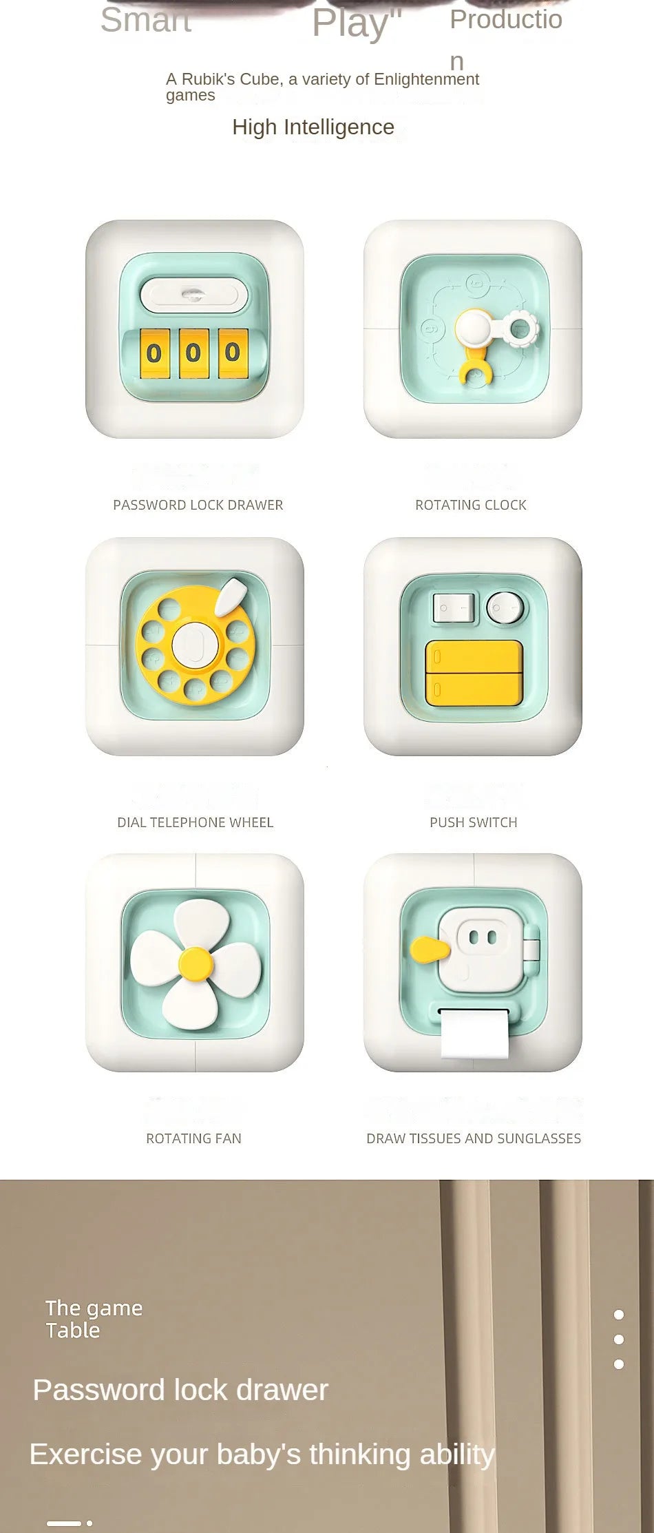 A set of six Montessori busy cubes including a password lock drawer, rotating clock, dial telephone wheel, push switch, rotat