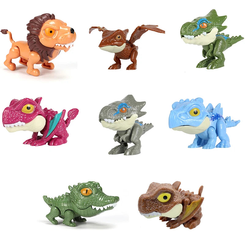 A collection of seven realistic dinosaur action figures in various colors and poses.