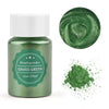 A glass jar of grass green pearl powder next to a swirling swatch of the same color and a pile of the powder.