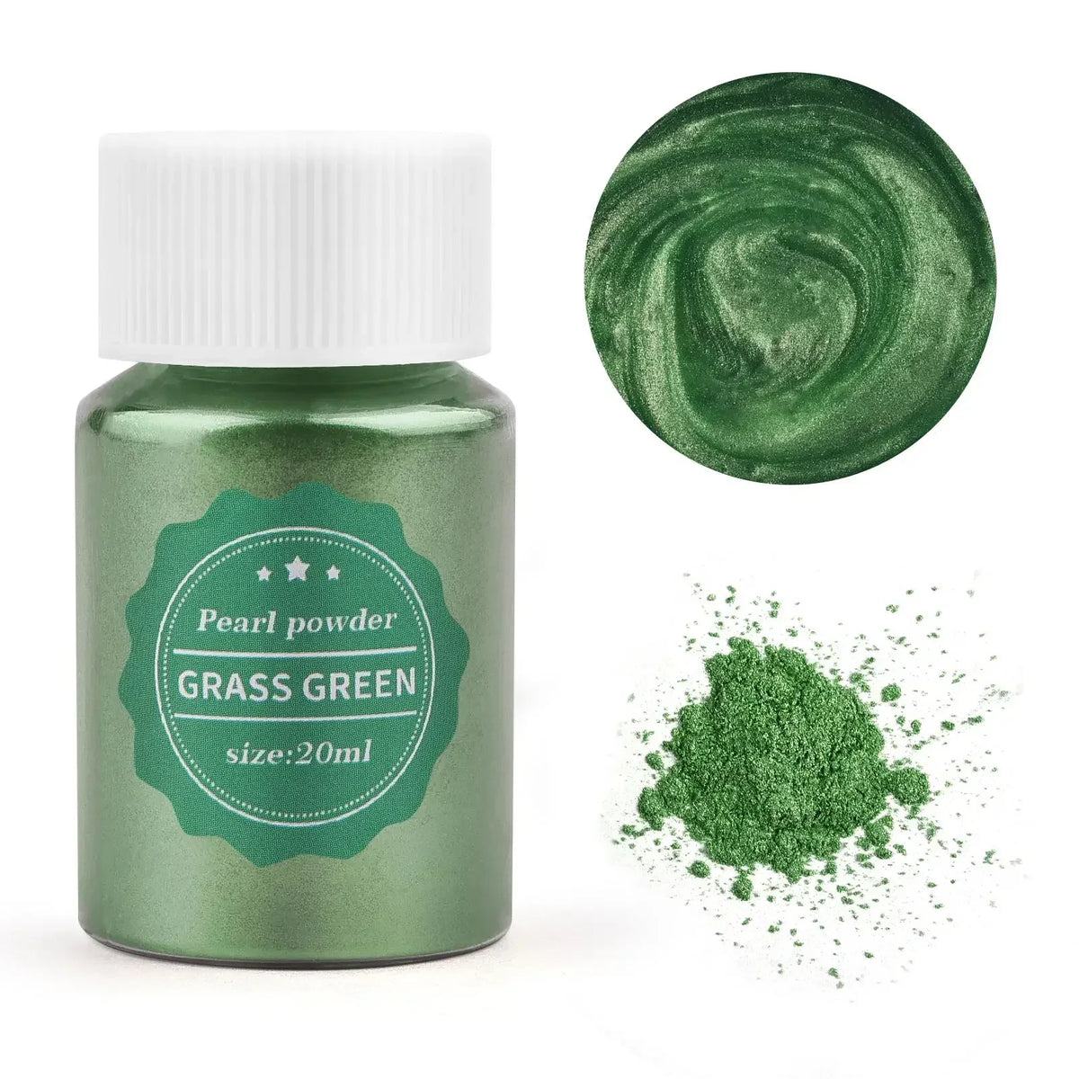 A glass jar of grass green pearl powder next to a swirling swatch of the same color and a pile of the powder.