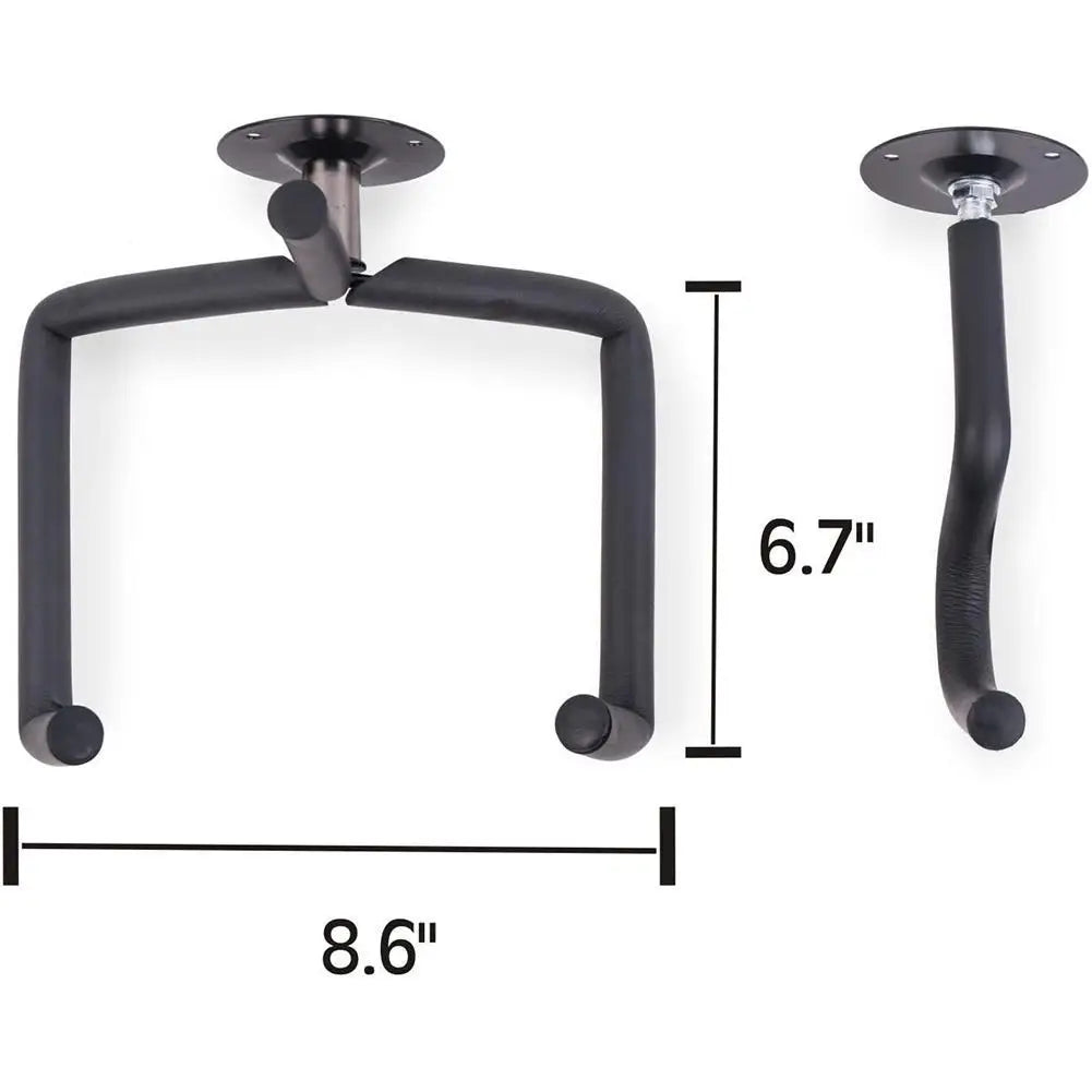 A black metal guitar wall mount hanger with a curved arm and adjustable mounting plate.