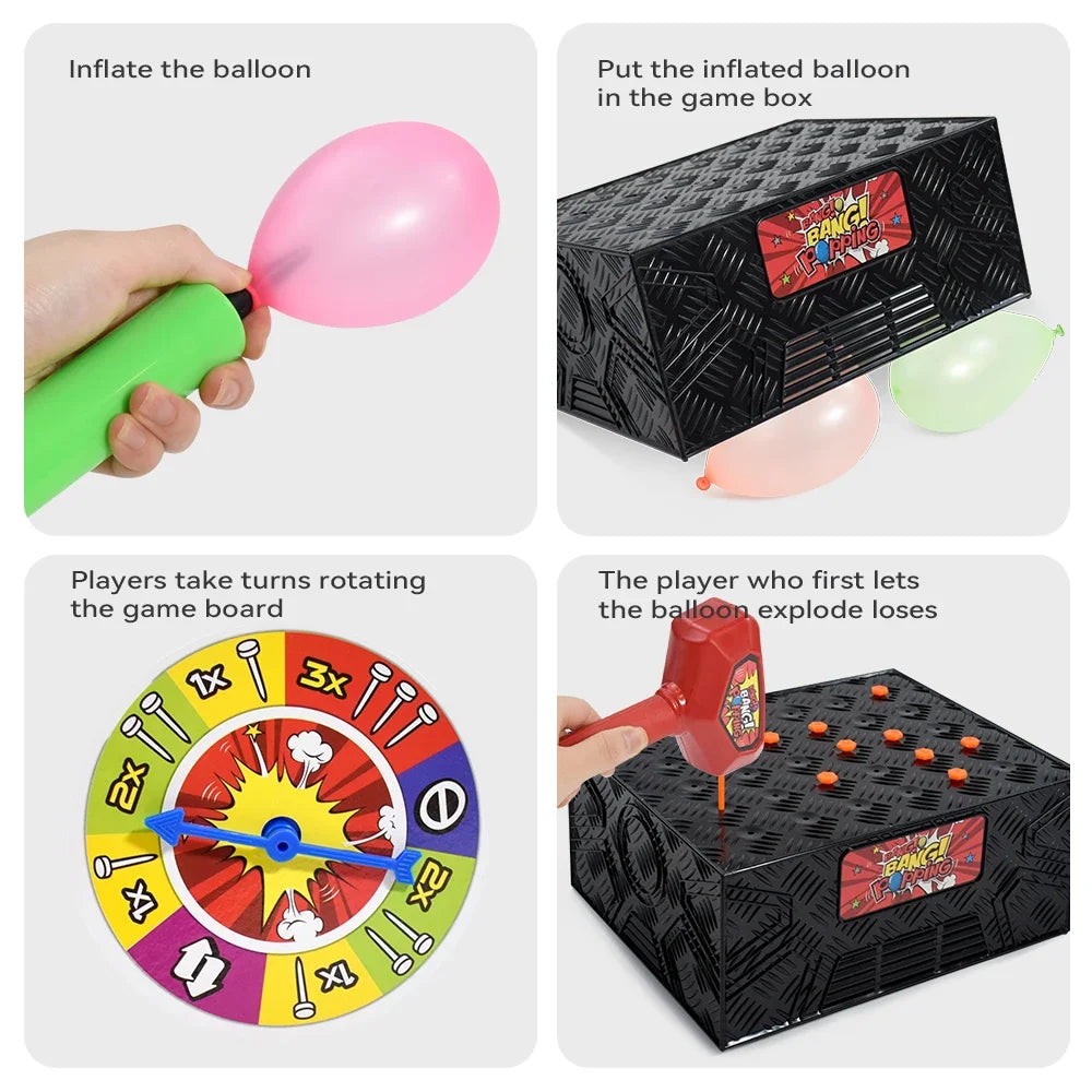 A set of game components showing an inflated balloon, a game box, and a rotating game board.