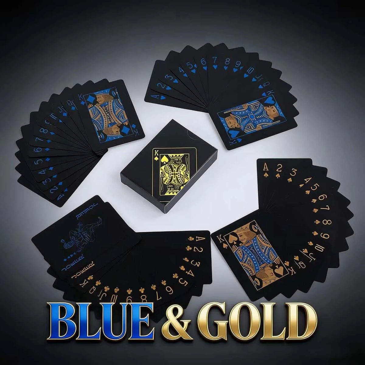 A stack of blue and gold playing cards, including a full deck and individual cards, displayed on a dark surface.