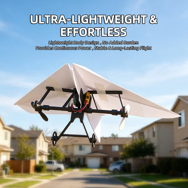 A white paper airplane is shown in flight against a suburban background.