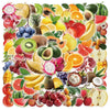 A vibrant assortment of various fresh fruits arranged for a sticker product display.