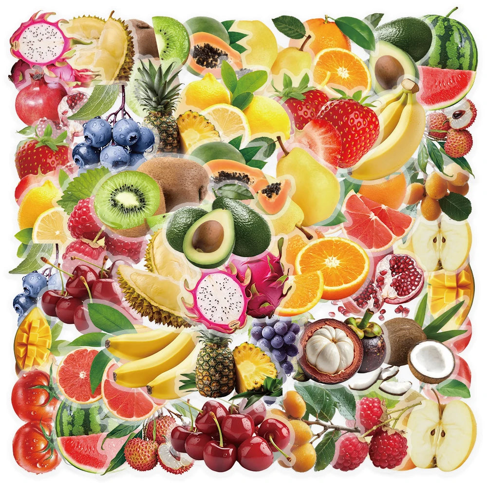 A vibrant assortment of various fresh fruits arranged for a sticker product display.