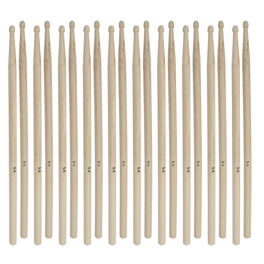 A set of maple wood drumsticks in various sizes 5A, 5B, and 7A arranged vertically.