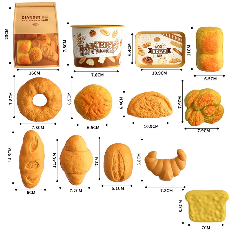 A set of realistic pretend play food items including bread, rolls, and pastries for a kids kitchen.
