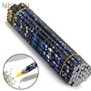 A cylindrical pen with numerous small, dark blue and gold rhinestones is shown alongside a close-up of the tip.