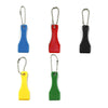 A set of five plastic lottery scratcher keychains in blue, red, black, and yellow.