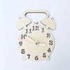 A wooden Montessori busy board clock featuring castle and bulldozer themes.