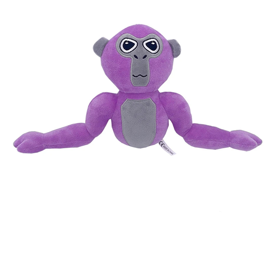 A purple and gray plush toy of a monke gorilla with large eyes.