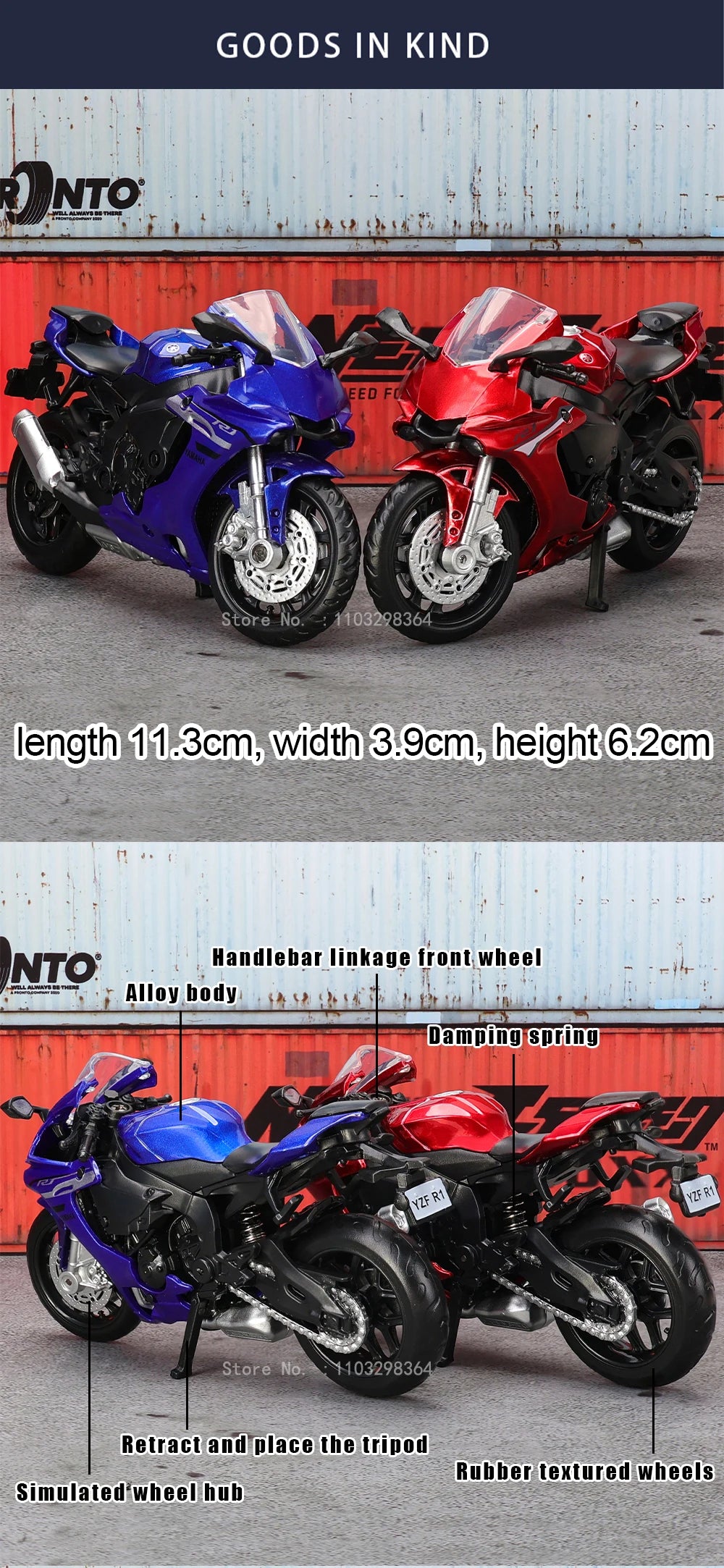 A set of three die-cast motorcycle models in blue, red, and black, showing various parts like the handlebar linkage and wheel