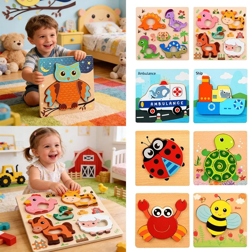 A collection of wooden animal puzzles featuring various animals like an owl, dinosaur, horse, and bee.