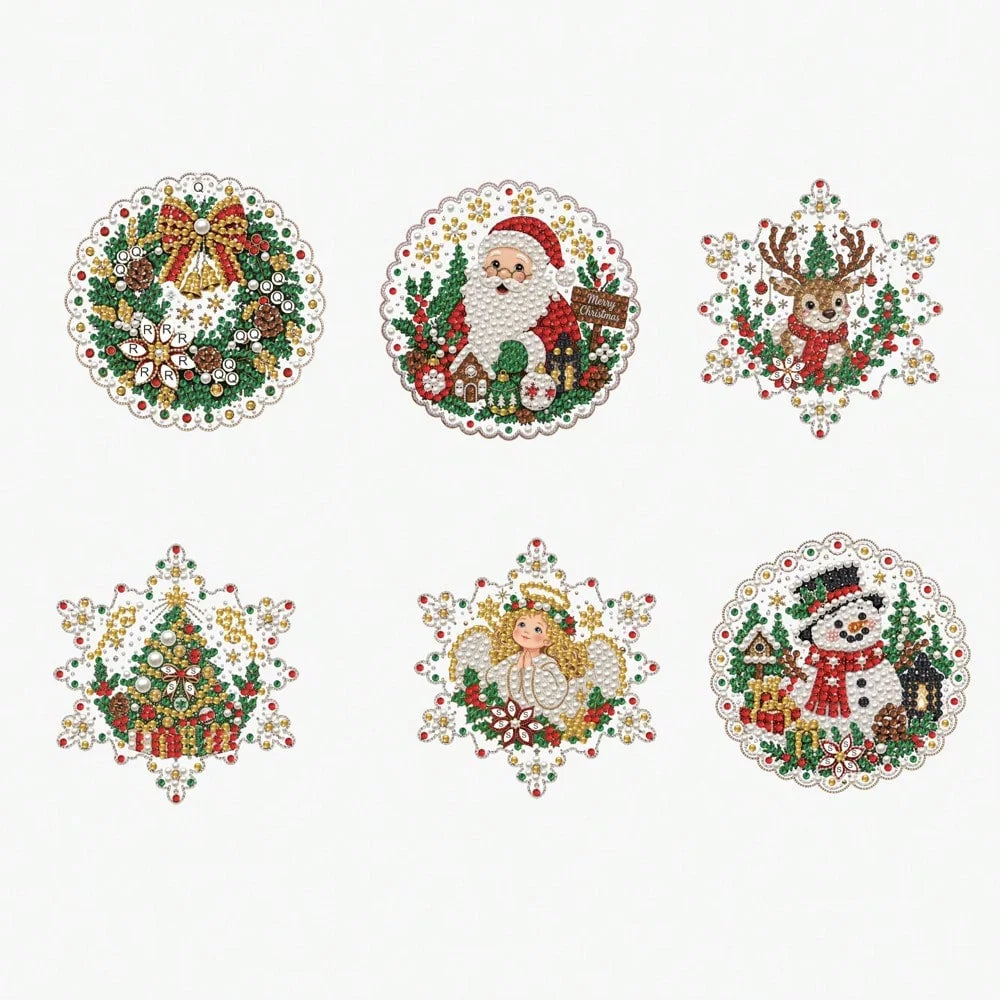 A set of three diamond painting ornaments featuring Santa Claus, a reindeer, and a festive Christmas tree.