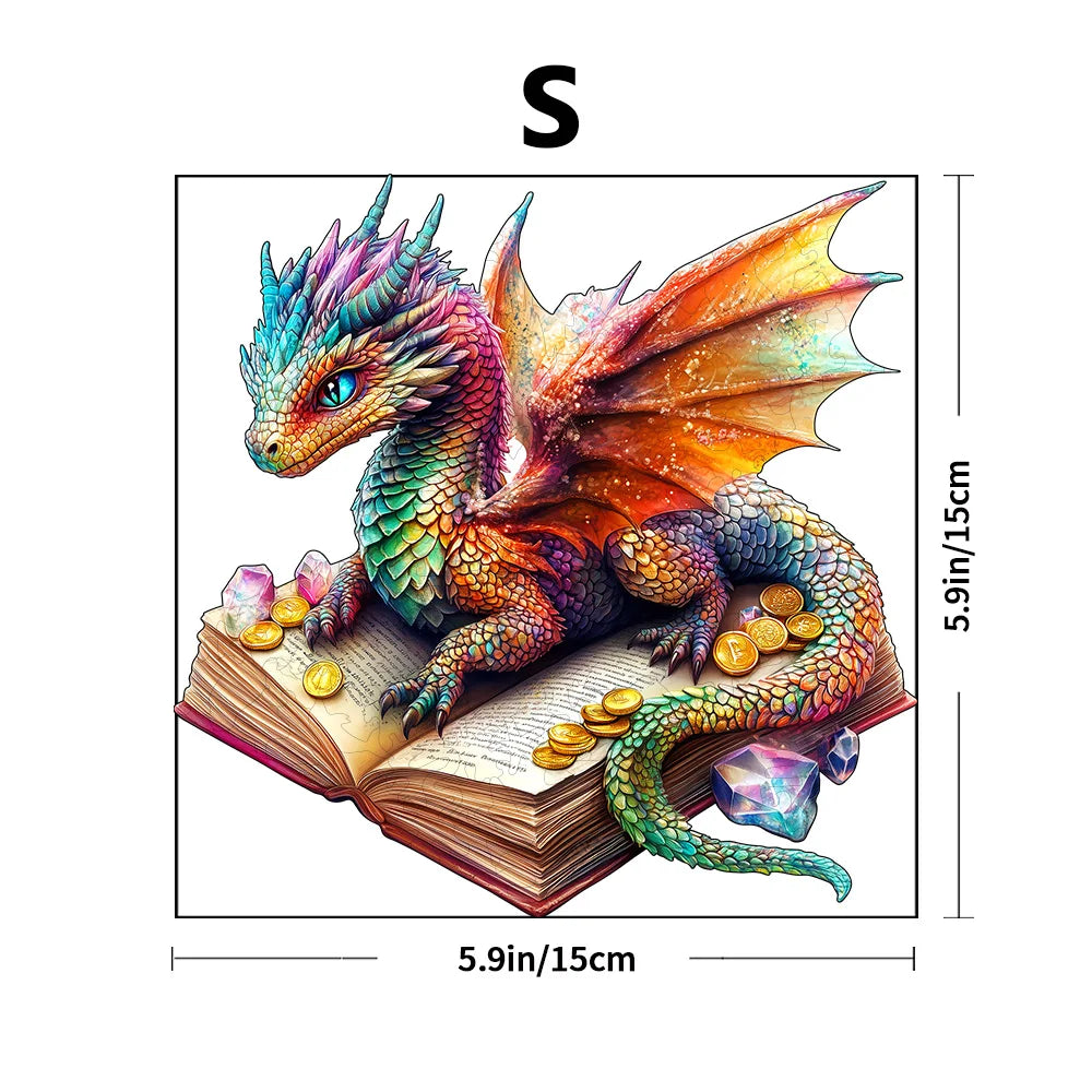 A detailed 3D wooden dragon puzzle featuring a vibrant orange and green dragon with large wings resting on an open book.