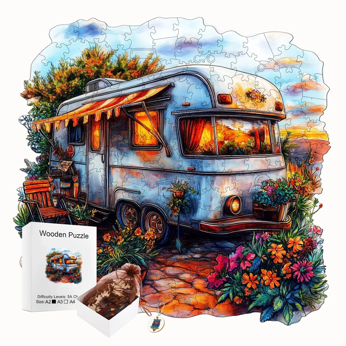 A jigsaw puzzle depicting a vintage camper van surrounded by lush flowers and foliage.