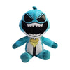 A plush toy of a blue, snarling monster with sharp teeth and glowing eyes.