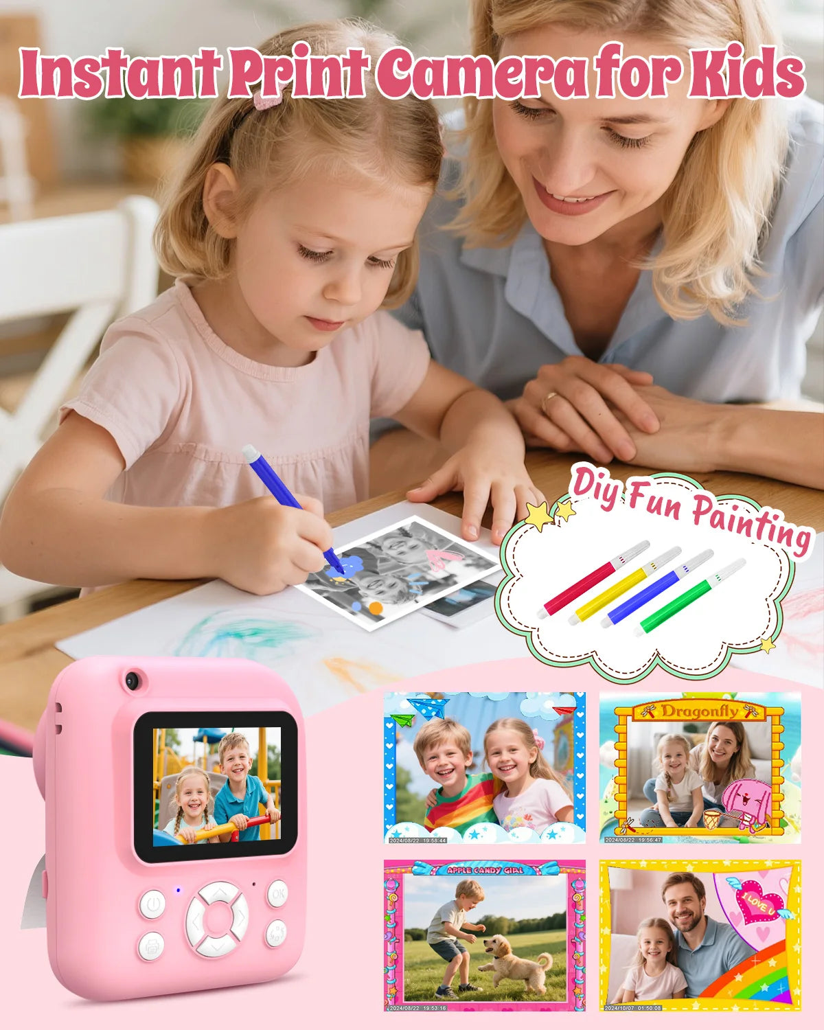 A pink instant print camera for kids is shown being used by a girl and a woman, with various photo prints displayed.
