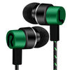 A pair of black and green in-ear wired earbuds with a black cord.