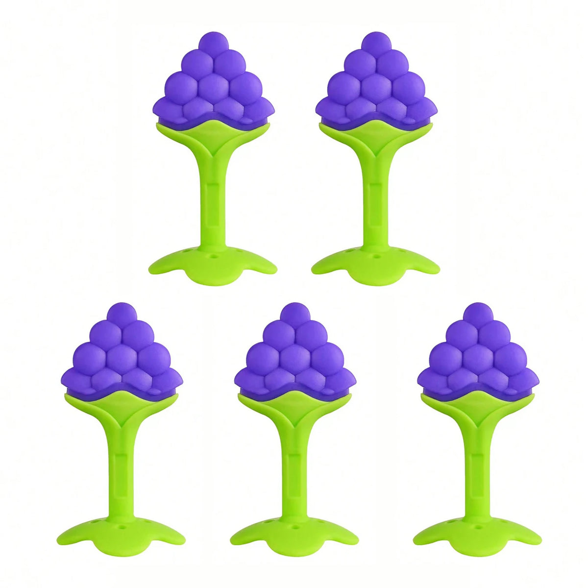 Four soft silicone fruit-shaped baby teethers in purple and lime green.