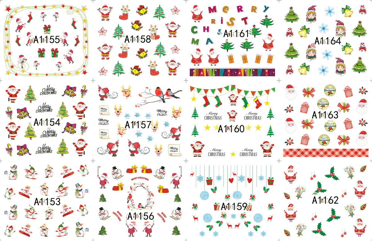 A collection of Christmas themed nail art stickers featuring festive designs like Santa Claus, trees, and holiday elements.