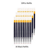 A set of thirty black refills for retractable gel pens is shown in a vertical arrangement.