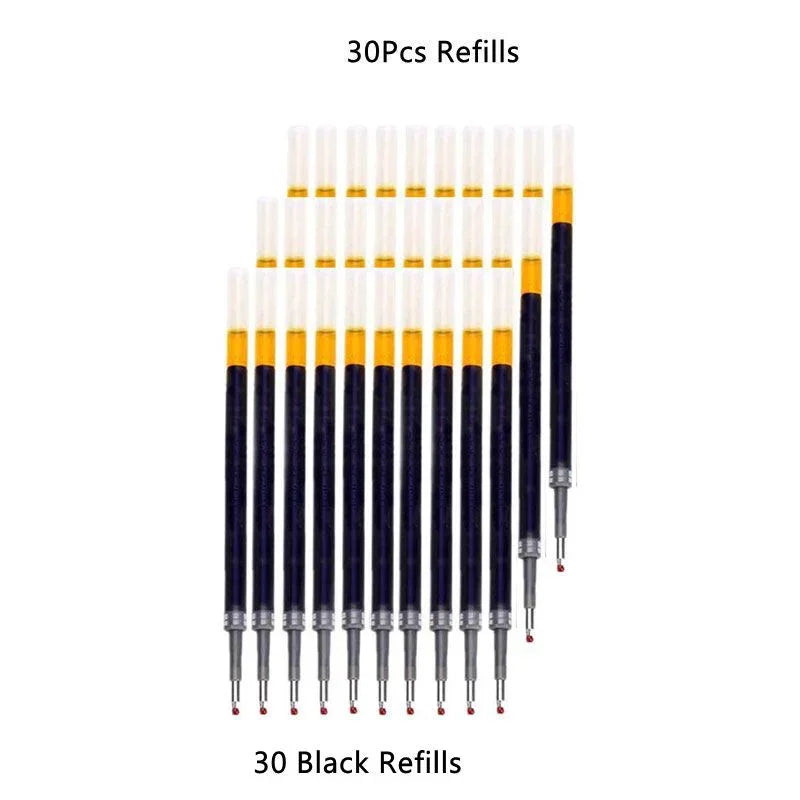 A set of thirty black refills for retractable gel pens is shown in a vertical arrangement.