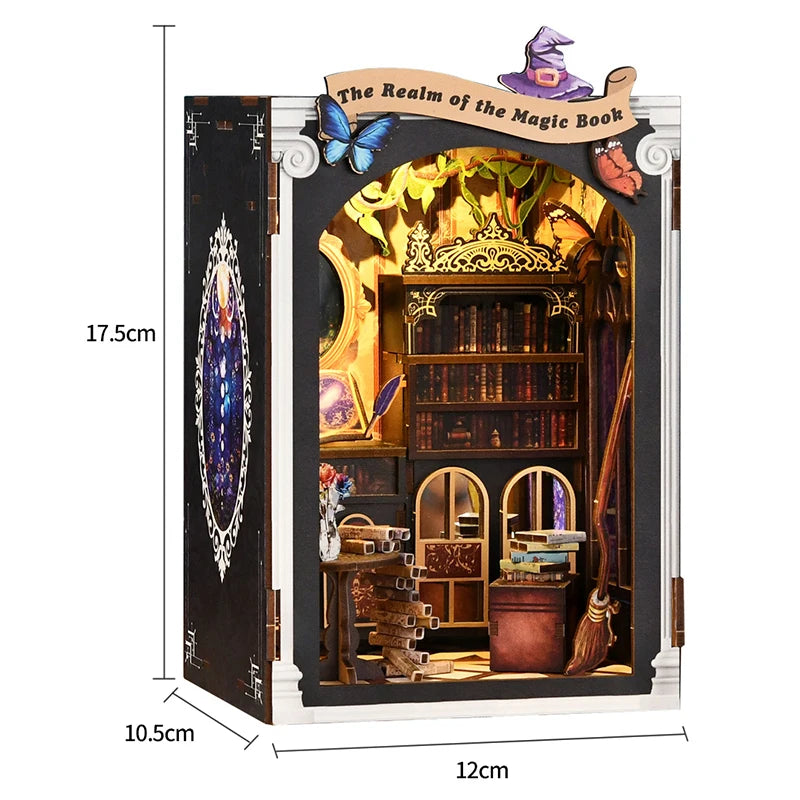 A wooden miniature castle dollhouse kit featuring furniture and LED lights displayed in an ornate frame.