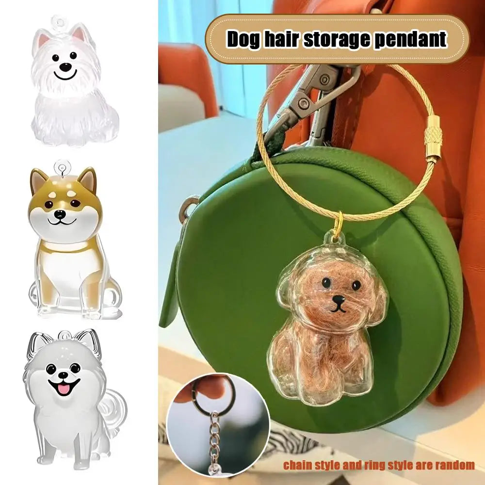 A green pendant featuring a small dog charm attached to a gold chain, used as a storage pendant.