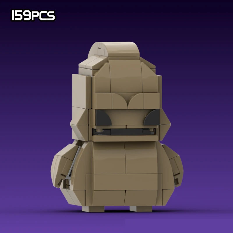 A tan LEGO minifigure-style haunted house set featuring a monster face and armor, displayed against a purple background.