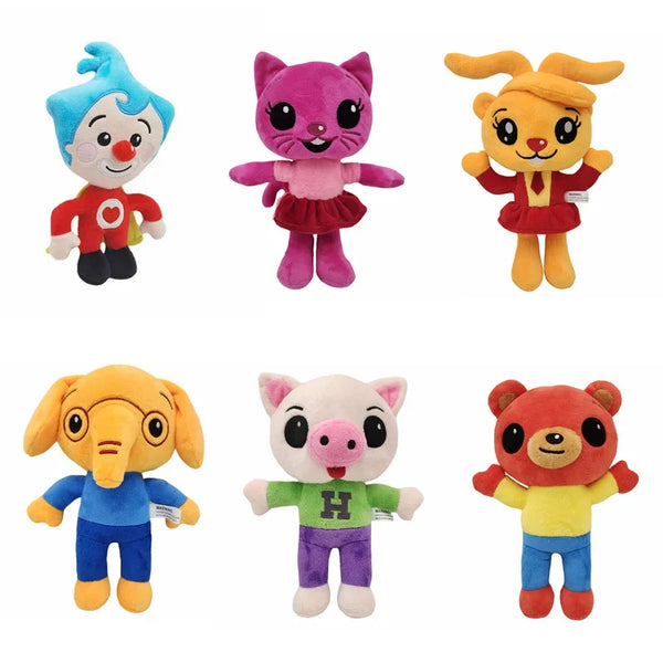 A collection of colorful kawaii clown plush toys featuring characters like a blue clown, a pink monster, a yellow creature, a