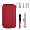 A red zippered pouch containing an LED crochet hook set with nine interchangeable tips and a pink LED tool.